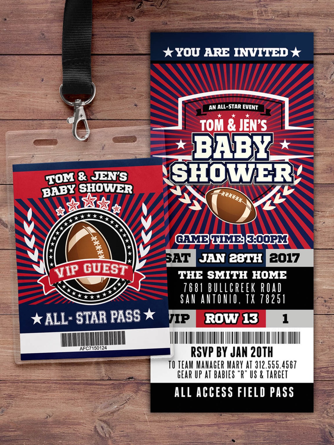 Football ticket Invitation, Baby Shower, All Star Birthday, VIP pass, sports birthday, Bar Mitzvah, football, Gender Reveal, football party