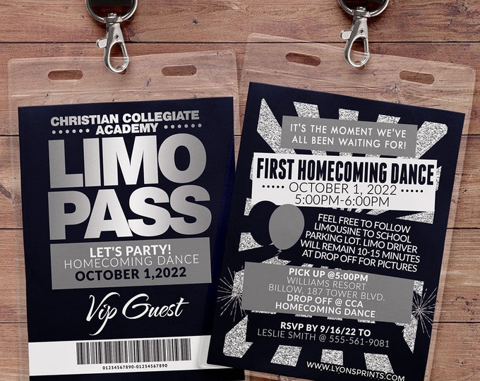 VIP Pass, Limo pass, Homecoming, Prom, school dance, backstage pass, birthday invitation, wedding, bachelor, party bus, Digital files