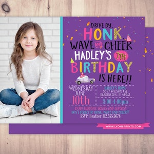 Drive by birthday parade invitation, social distancing drive-by birthday party invite, car birthday parade, quarantine party, digital file PURPLE-PHOTO