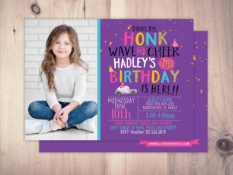 Drive by birthday parade invitation, social distancing drive-by birthday party invite, car birthday parade, quarantine party, digital file PURPLE-PHOTO