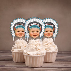 Photo Cupcake Toppers, Digital File, Indian, chief, western,, first birthday, Thanksgiving, pow wow, party, birthday, western image 7