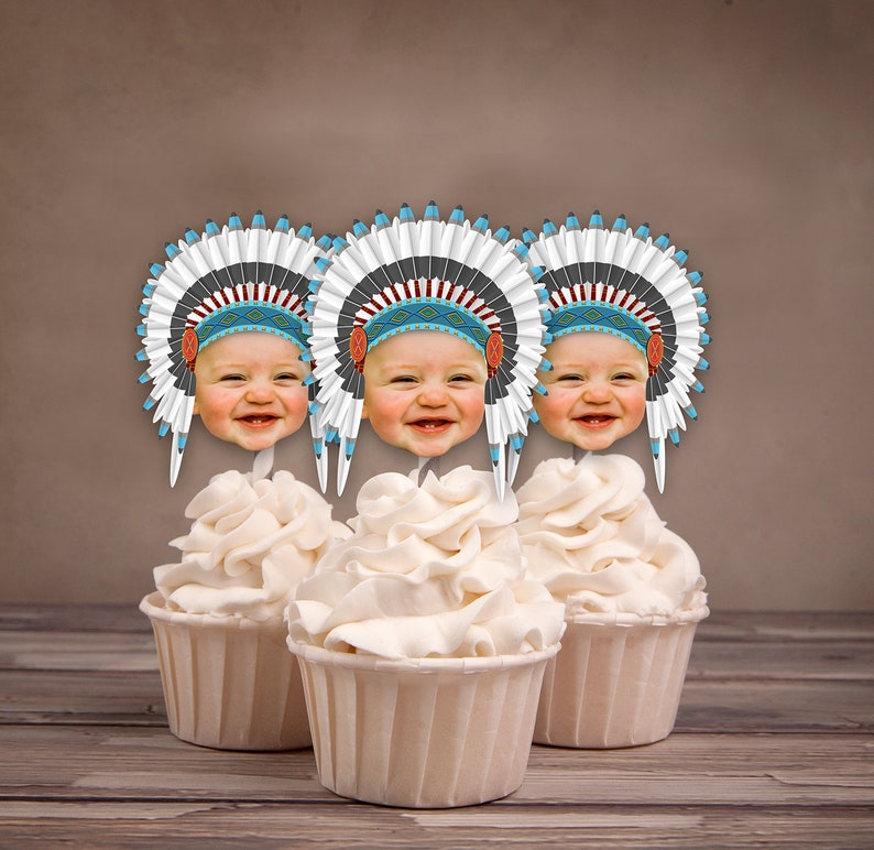 Photo Cupcake Toppers, Digital File, Indian, chief, western,, first birthday, Thanksgiving, pow wow, party, birthday, western image 7