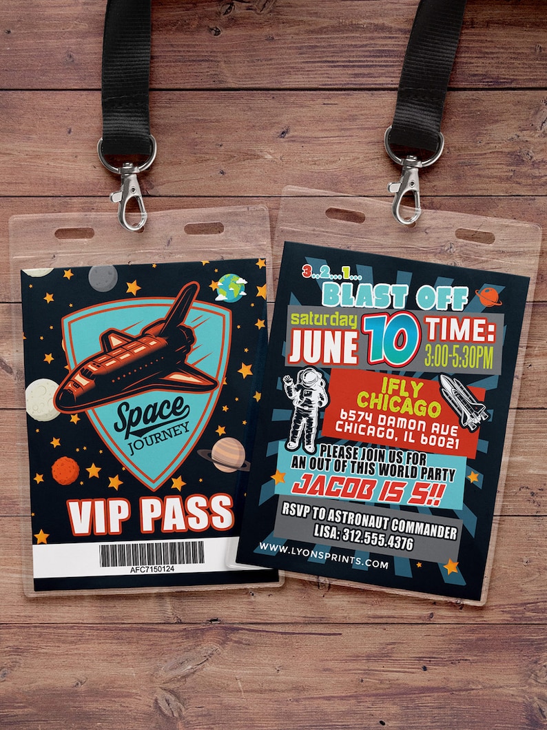 May include: A blue and black space-themed VIP pass with a rocket ship and stars. The text "Space Journey" is on the pass. The pass has a barcode and the text "VIP Pass" and "AFC7150124".