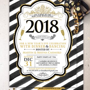May include: Black and white striped invitation with gold glitter accents. The invitation is for a New Year's Eve celebration with dinner and dancing. The event is hosted by Martin and Bertha Casimiro on December 31st at 7 PM at the Casimiro Residence. RSVP to Stephanie at 310.555.8976 or Emailhere@gmail.com. The invitation also includes the website www.lyonsprints.com.