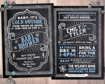 Winter baby shower invitation. Retro chalkboard Baby it's cold outside snowflake gender neutral couple baby shower, snowflake