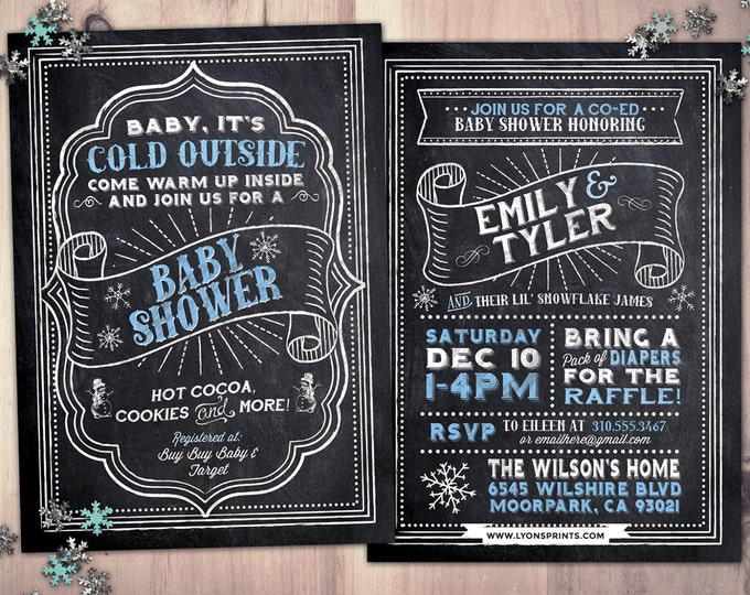 Winter baby shower invitation. Retro chalkboard Baby it's cold outside snowflake gender neutral couple baby shower, snowflake