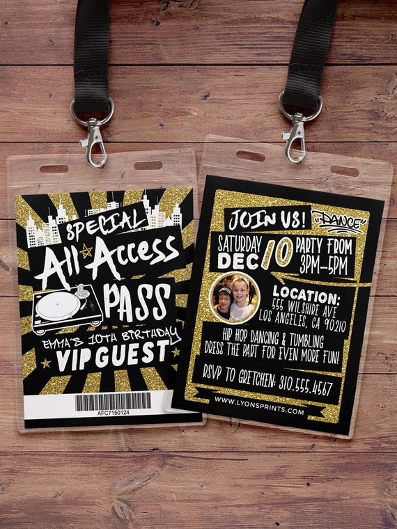 Hip hop, Retro, neon, VIP PASS, backstage pass, Vip invitation, birthday invitation, pop star, Rock Star birthday, Digital files Il_570xn