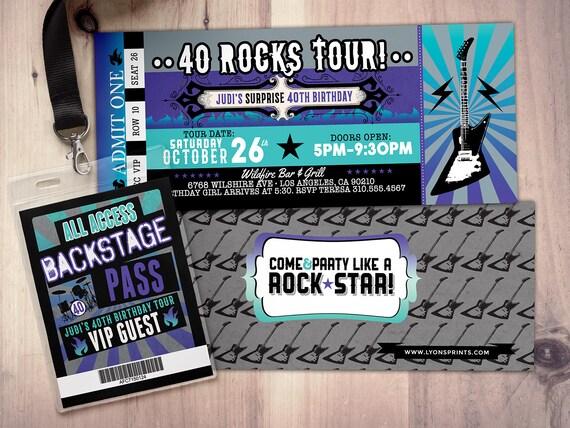 ROCK STAR concert ticket birthday party invitation- Music invitation, rockstar party, drums,40 rocks, 30th,21st,50th, 60th,75th Il_570xn