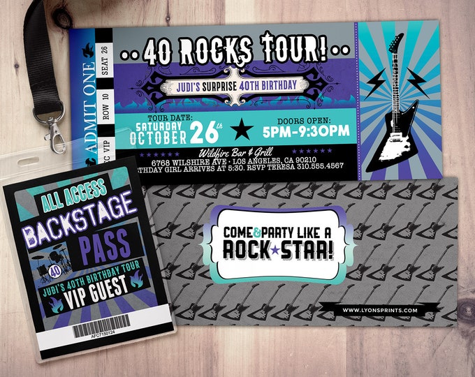 ROCK STAR concert ticket birthday party invitation- Music invitation, rockstar party, drums,40 rocks, 30th,21st,50th, 60th,75th