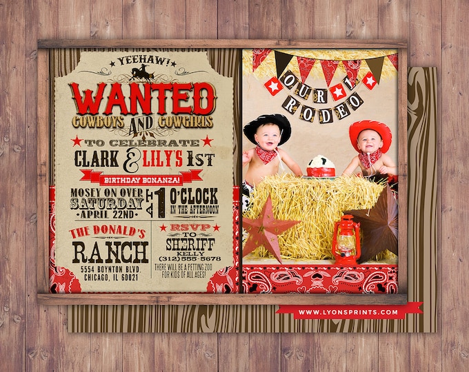 Vintage Cowboy Invitation, boy birthday, cowgirl, rodeo, western invitation, wanted poster, rodeo poster, cowgirl, horse, invite, twins