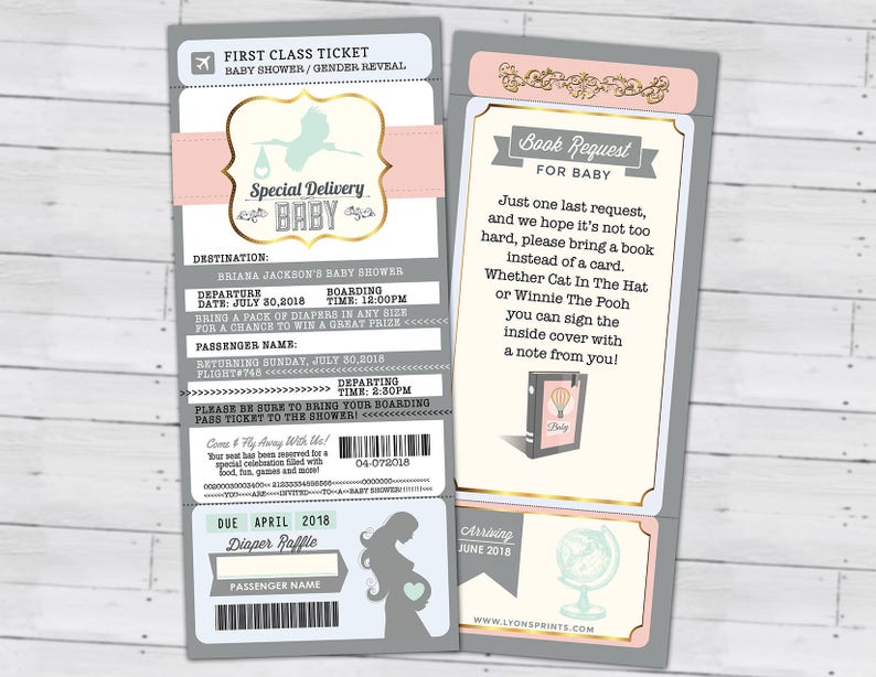 Digital files Only- couples baby shower Coed baby shower invitation- travel gender reveal PASSPORT and TICKET baby shower invitation