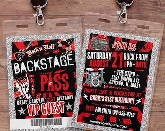 Rockstar invite, Punk Rock, VIP pass invitation, backstage pass, birthday, pop star, 80s, Digital files, Rockstar invitation