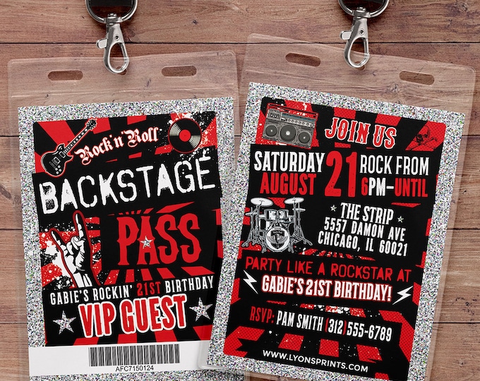 Rockstar invite, Punk Rock, VIP pass invitation, backstage pass, birthday, pop star, 80s, Digital files, Rockstar invitation