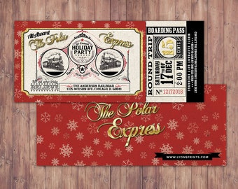 May include: A red and white ticket with gold lettering for a "Polar Express" holiday party. The ticket reads "All Aboard The Polar Express" and "1st Annual Holiday Party". The ticket also includes a boarding pass with the date "Saturday 17 Dec" and the time "2:00 PM".