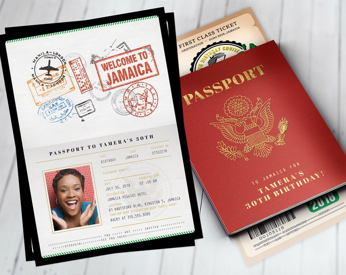 Passport and ticket birthday invitation, cruise party invitation, travel invitation, Jamaica, girl's trip invitation, Digital files only