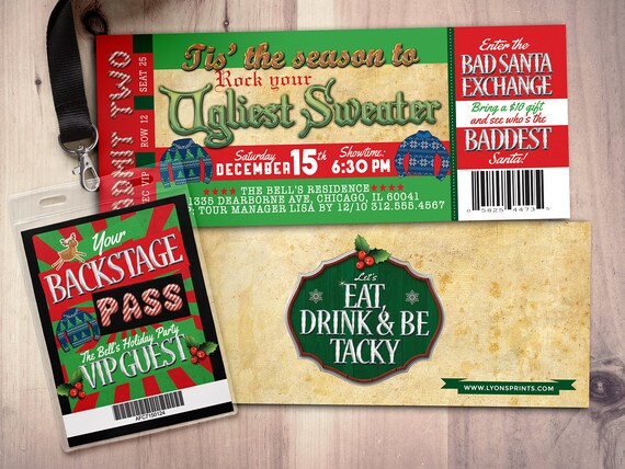 Holiday party invitation - Ugly Sweater Christmas party invitation - holiday party invite- ugly sweater invitation, rockstar, ticket invite Il_570xn