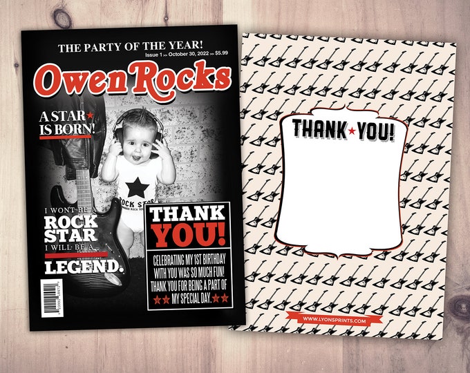 Thank you card, Rock Star magazine theme birthday, rockstar, baby shower, rockstar party, rock n roll, pop star, hip hop, guitar