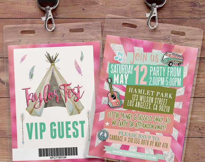 VIP pass, Teepee Birthday Invitation, ticket invitation, pow wow, BOHO, Tribal, first birthday, 1st birthday, Gold glitter, music festival