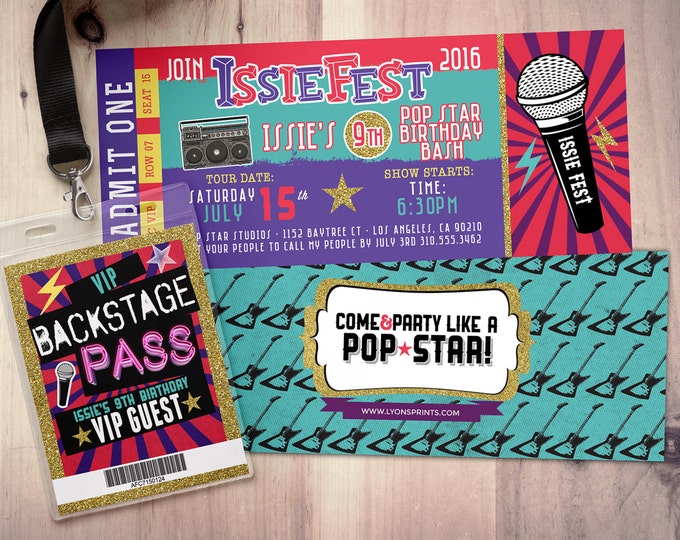 ROCK STAR concert ticket birthday party invitation- Music invitation- printable, rockstar party, pop star, karaoke party, hip hop, invite