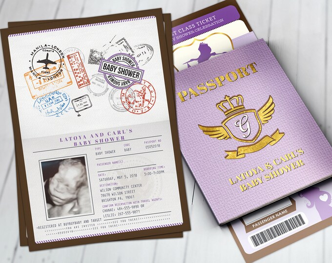 PASSPORT and TICKET baby shower invitation, Coed baby shower invitation- travel baby shower invitation- couples baby shower, Digital files