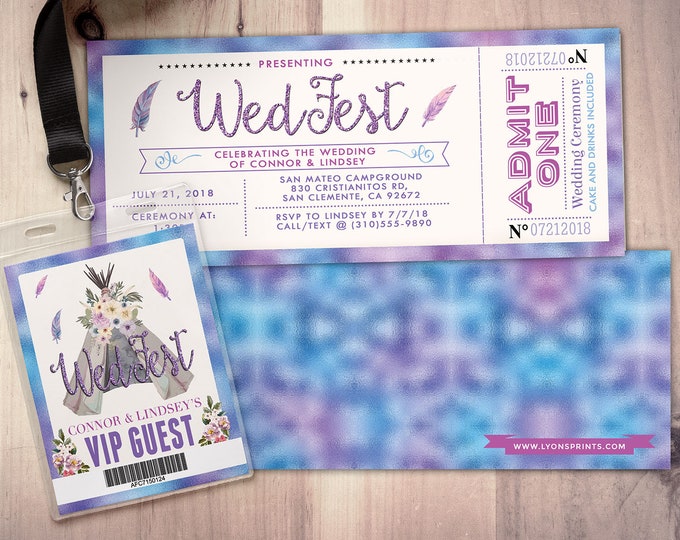 Wedding Invitation, ticket invitation, pow wow, BOHO, Tie Dye, birthday invitation, Gold glitter, music festival, Digital files