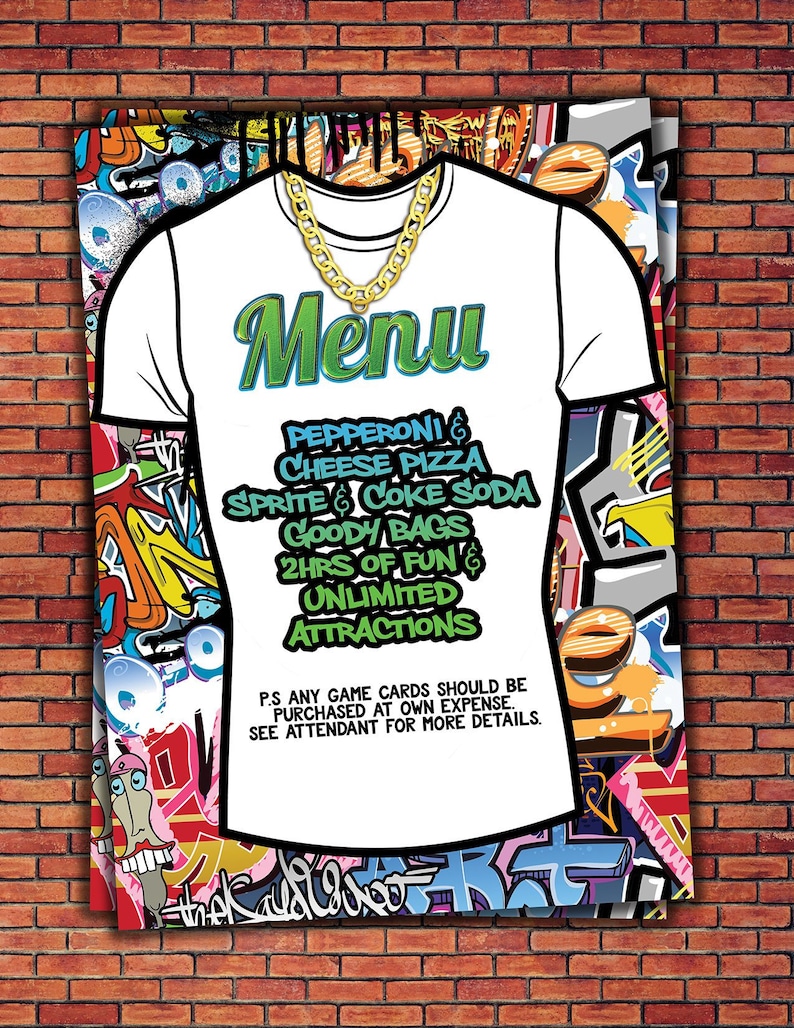 Menu Birthday Hip Hop HipHop birthday Graffiti 90s birthday 90s party DJ Baby Shower Swagger Fresh Prince