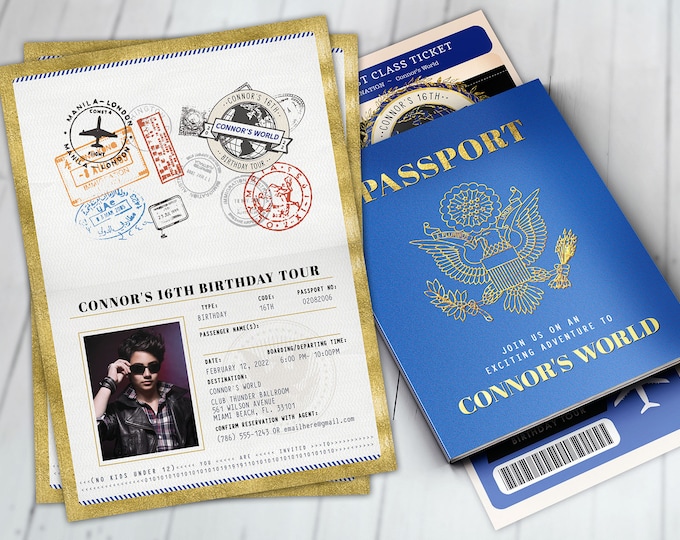 Passport, ticket invitation, travel birthday party invitation, retirement party, going away party, travel, Bar Mitzvah, Digital files only