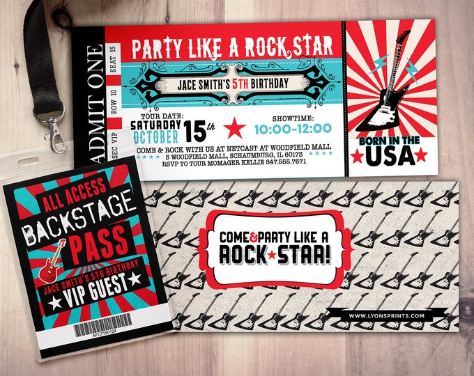 Rockstar concert ticket birthday party invitation- Music invitation- photo card, printable, rockstar party, rock star invitation, VIP pass