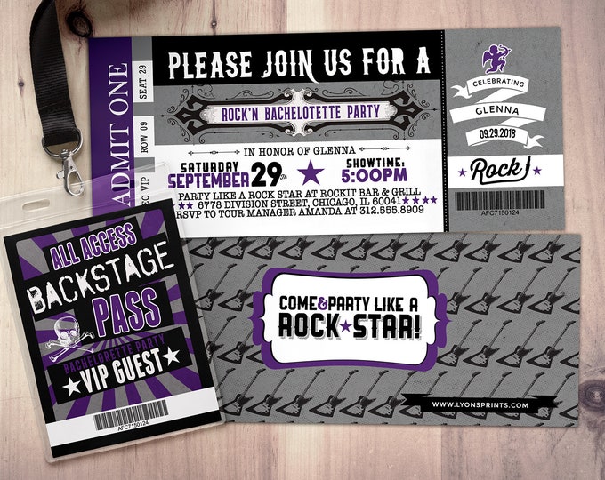 Bachelorette Party Invite/Bachelor Party invitation, ticket bridal shower invitation, rockstar bachelor, save the date, wedding invitation