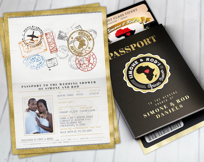 PASSPORT and TICKET bridal shower invitation, Birthday, African, Africa Passport, African Birthday, Wedding, African Digital files only