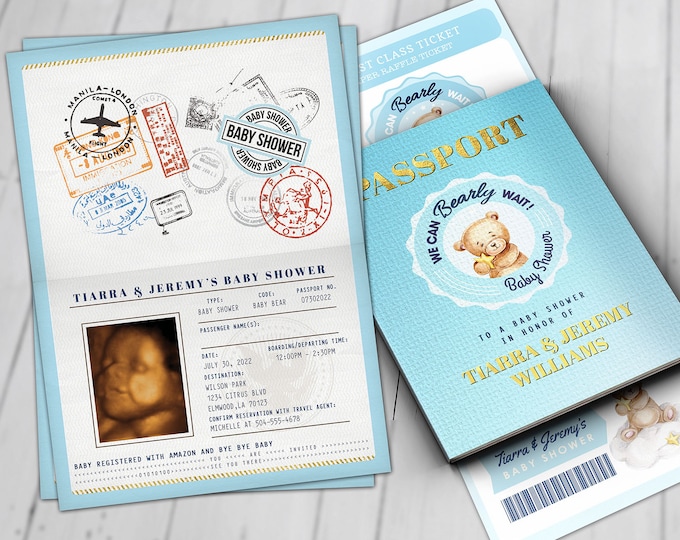 Teddy Bear Baby Shower Invitation, We can Bearly Wait, Bearly Wait Baby Shower Invitation, passport invitation