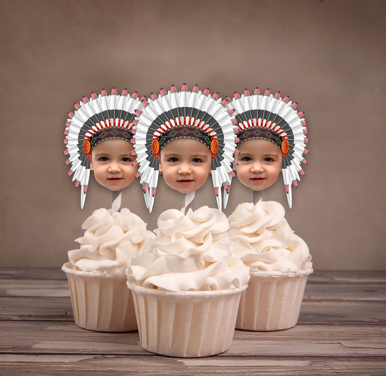 Photo Cupcake Toppers, Digital File, Indian, chief, western,, first birthday, Thanksgiving, pow wow, party, birthday, western image 2