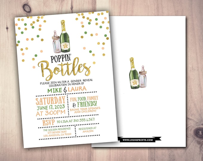 Champagne Poppin' Bottles, gender reveal Invitation, Poppin Bottles Co-ed Baby Shower Invitation, chalkboard  Poppin Bottles Baby Shower