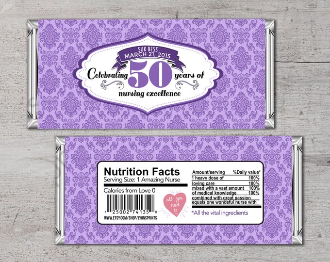 Retirement Candy Bar Wrapper, Printable Digital File, Fits 1.75 oz. Candy Bar, purple damask Design, retirement party, party favor, gift