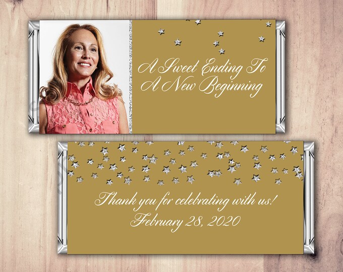 Retirement Candy Bar Wrapper, Printable Digital File,Candy Bar, silver glitter, retirement party, party favor, gift, thank you, stars