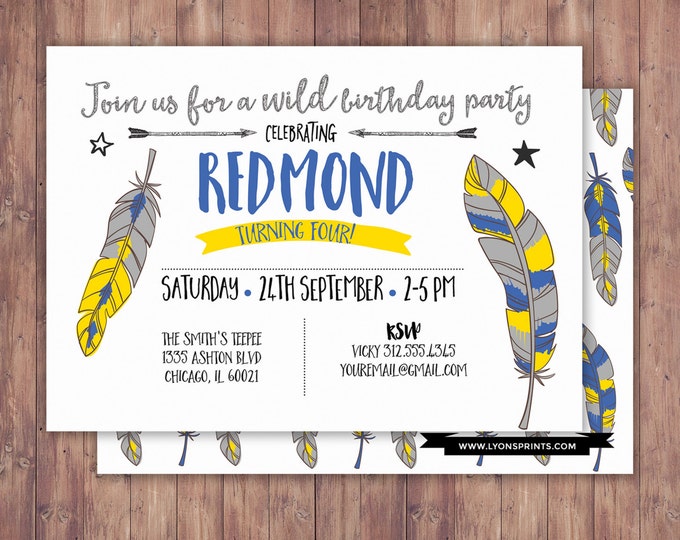 Tribal, birthday Invitation, BOHO birthday Invite, feathers , invitation, arrows, pow wow, baby girl, baby boy, first birthday, 1st, wild