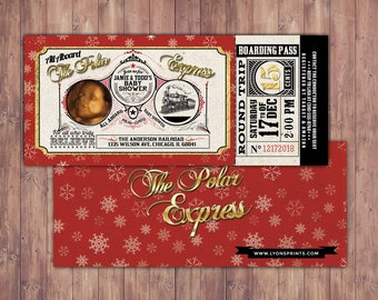 May include: A red and gold ticket invitation for a baby shower themed around the movie The Polar Express. The ticket has a vintage train design and says "All Aboard The Polar Express" and "Join us for Jamie & Todd's Baby Shower". The ticket also has a sonogram image and the date and time of the event.
