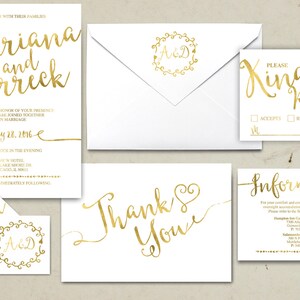 Wedding Invitation Printable, Kraft,Wedding Invitation Suite, RSVP, monogram, info card, hand lettered typography theme. Gold