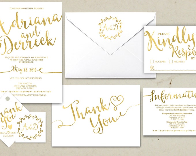 Wedding Invitation Printable, Kraft,Wedding Invitation Suite, RSVP, monogram, info card, hand lettered typography theme. Gold