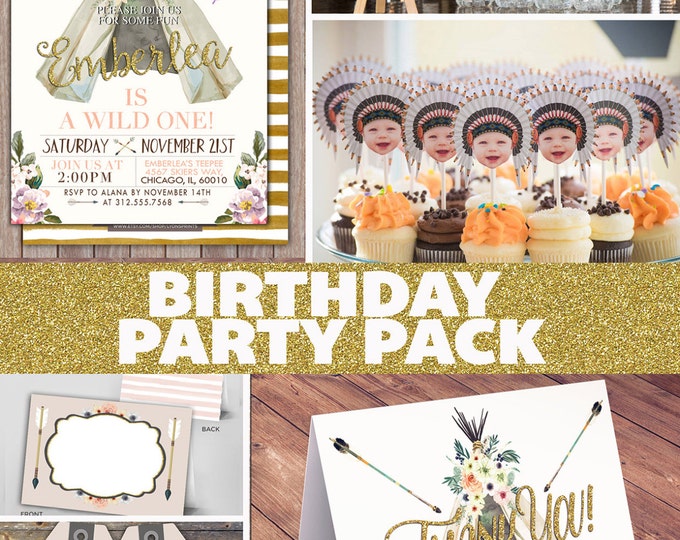 Party Pack, WILD ONE birthday Invitation, tribal birthday Invite, boho baby shower invite, invitation, arrow, pow wow, Tribal