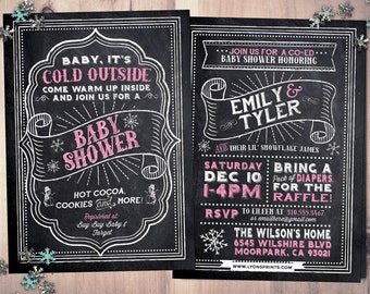 Winter baby shower invitation. Retro chalkboard Baby it's cold outside snowflake gender neutral couple baby shower, snowflake