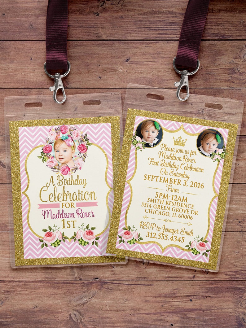 May include: Pink and gold first birthday party invitation with a photo of a baby girl wearing a floral headband. The invitation includes the text "A Birthday Celebration for Maddison Rose's 1st" and details about the party, including the date, time, and location.