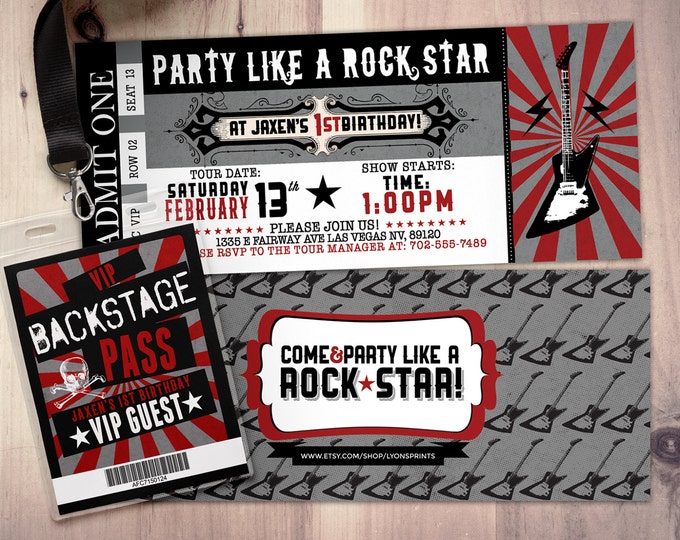 Rockstar concert ticket birthday invitation, Music invitation, photo card, printable, rockstar party, rockstar invitation, VIP pass