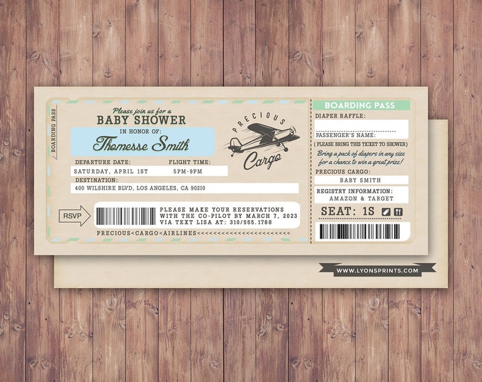 Airplane ticket baby shower invitation, vintage airplane, travel theme, Precious Cargo, time flies, airplane invite, Digital files only