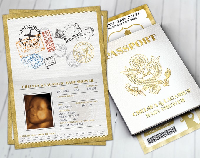 PASSPORT and TICKET baby shower invitation, Coed baby shower invitation- travel baby shower invitation- couples baby shower