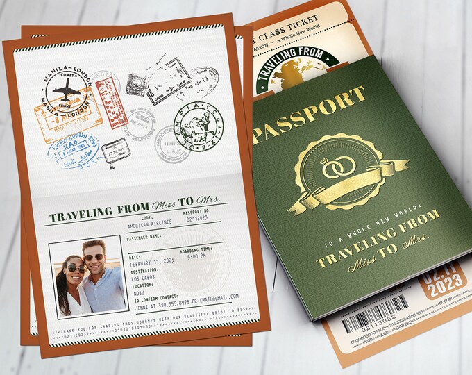 Passport and ticket bridal shower invitation, birthday party invitation, retirement party, going away party, wedding, Digital files only