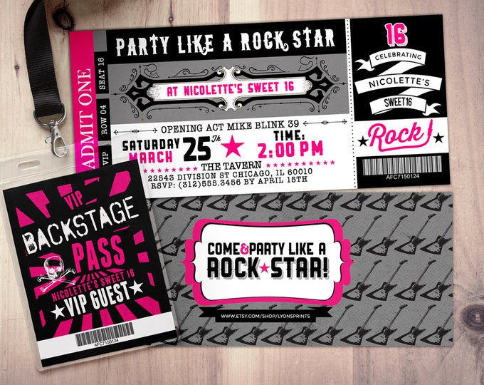 Sweet Sixteen Party Invite, Sweet Sixteen invitation, girl birthday invitation, rockstar party, sweet 16, rockstar birthday, rock star party