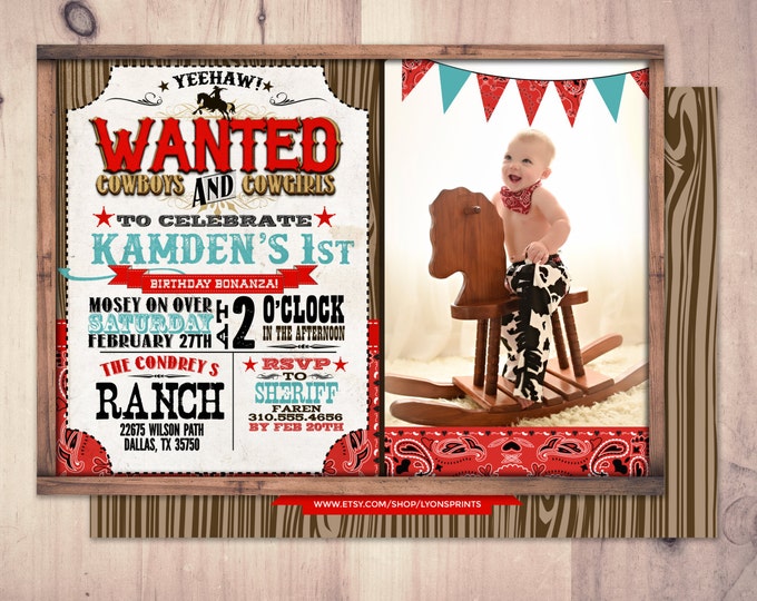 Vintage Cowboy Invitation, boy birthday, cowgirl, rodeo, western invitation, retro, wanted poster, rodeo poster, cowgirl, horse, invite