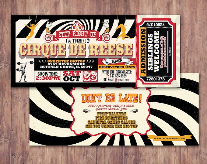 Birthday- circus ticket-carnival ticket invitation - vintage circus, retro, ticket invitation, carnival, circus birthday invitation, first