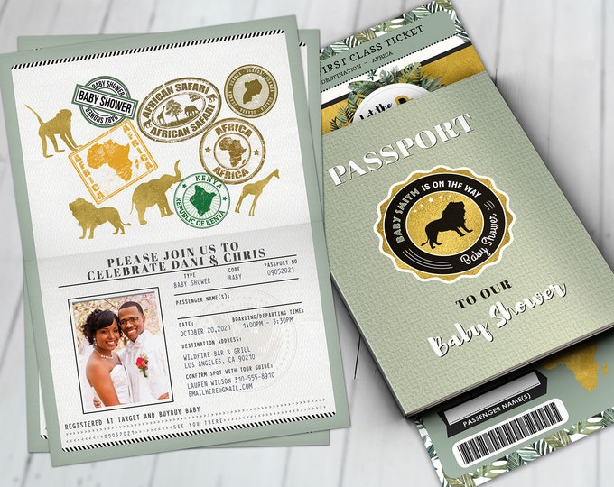 Passport invitation, Jungle Invitation, Jungle invite, Safari invitation, Safari Invite, Baby shower, Wild One, Elephant, Lion,
